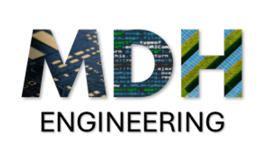 MDH Engineering logo: hardware, software, and energy themes in the MDH wordmark